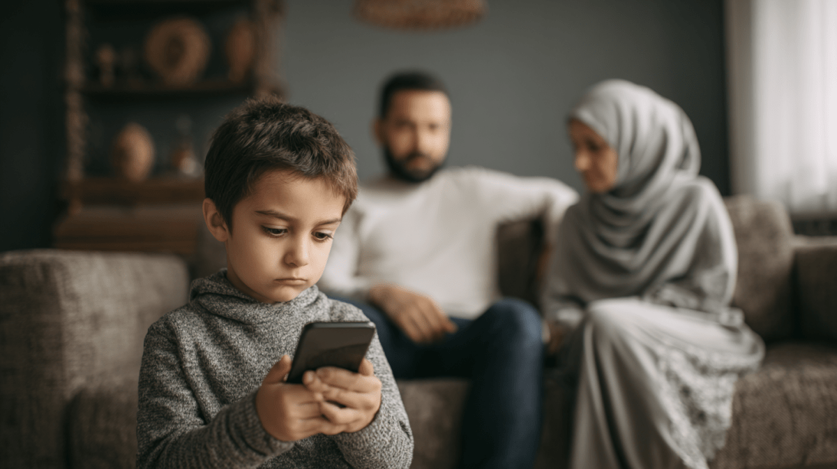 Ev ortamında, anne ve babası yanındayken ilgisiz kalan küçük bir çocuğun telefona dalmış hali