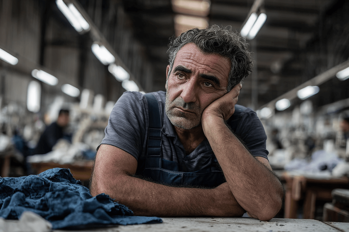 Fabrika içinde küçük bir odada oturan, iş kıyafetiyle düşünceli ve üzgün bir erkek, Türkiye’de para biriktirememe ve ekonomik sıkışmışlık hissini temsil ediyor.