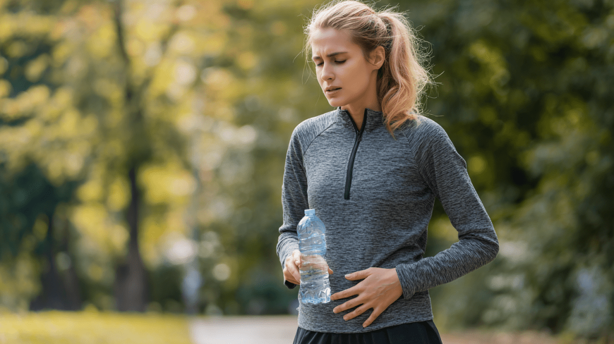 Fazla su içtikten sonra yürüyüş yapan ve midesi bulanan genç kadın